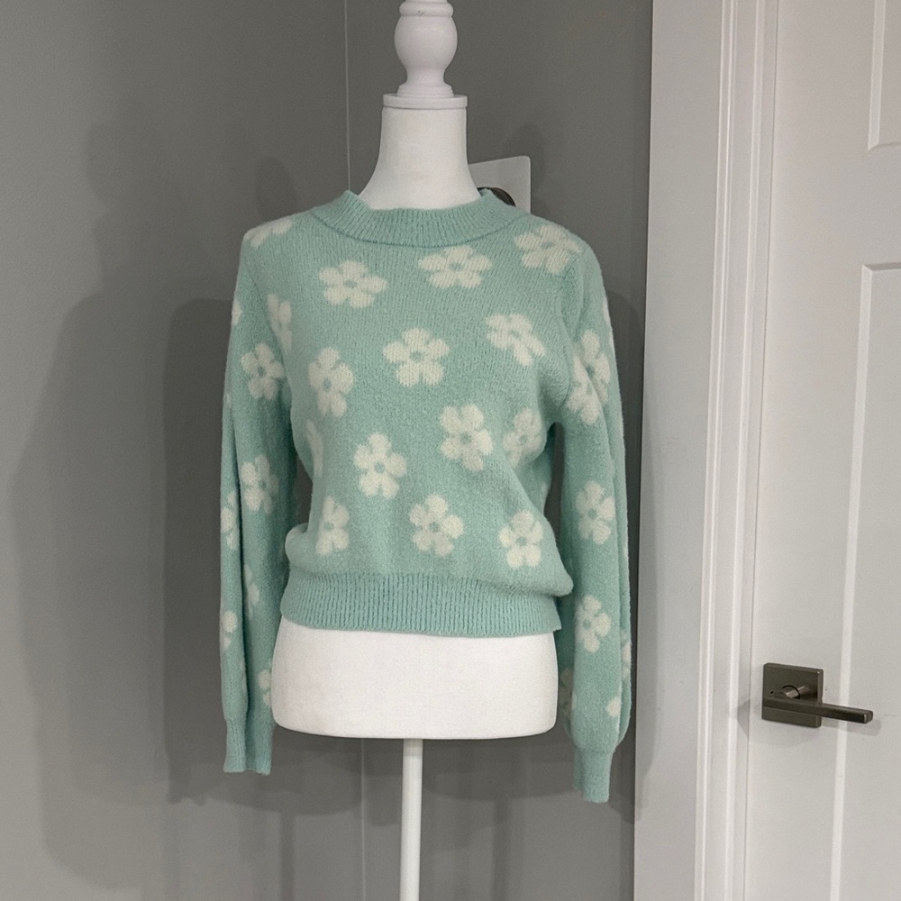 Floral Patterned Mint Green Sweater